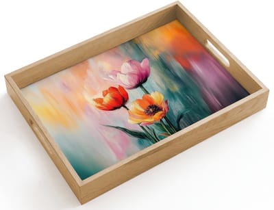 Dienblad hout 40x30 cm - Schootdienblad - Dromerig - Bloemen - Verfijnde details - Borrelplank rechthoek - Plateau dienbladen