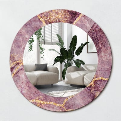 Wallfluent Bedrukte Ronde Spiegel - Ronde Spiegel Lijst Met Print Imitatiemarmer - 50 cm / 36 cm - Gouden - Gouden Ronde Spiegel Met Print - Badkamerspiegel - Gangspiegel - Eetkamer - Wandmontage
