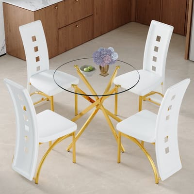 MODENUIT Eettafelset 88 cm - Ronde Glazen Tafel Met 4 Stoelen - Voor Eethoek En Keuken - Metaal En PU Wit Goud