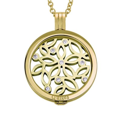 Quiges - Munthouder met Ketting en Munt 33mm Zirkonia Bloemen - RVS Goudkleurig - ERHS538