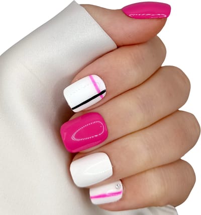 SD Press on Nails - B-35 - Plaknagels - Nagelset 20 Nagels - Roze wit - Gellak - Nagellak - Kort Recht- Nageltips - Nepnagels met Lijm - Kunstnagels - Nail Art - Handmade - Valse nagels - Nagelvijl - Accessoires - Korte Nagels - Squaretips