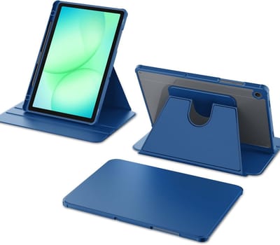 Casemania Hoes Geschikt voor Samsung Tab A11 Plus & A9 Plus - Donker Blauw - Smart Cover met Transparante Achterkant - 360° Graden Draaibaar - TriFold Beschermhoes met S-Pen Houder Uitsparing