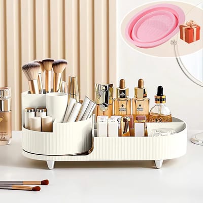 Famanu - Make-up organizer, make-uptafel-organizer, 360 graden draaibaar en vak 2-in-1, cosmetica-organizer voor make-uptafel, badkamer, make-uporganizer, badkamerorganizer, skincare organizer (wit)