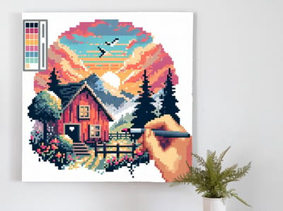 Pixel art aquarel schilderij | Sprankelende digitaal aquarel schilderij: Een kleurrijk pixelkunst meesterwerk | Kunst - 60x60 centimeter op Canvas | Foto op Canvas