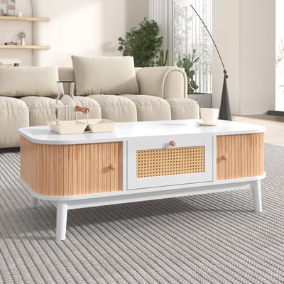 Sweiko Salontafel, rotan salontafel, lades met rotan en schuifdeuren met massief houten latten, massief houten poten, natuurlijke landelijke stijl