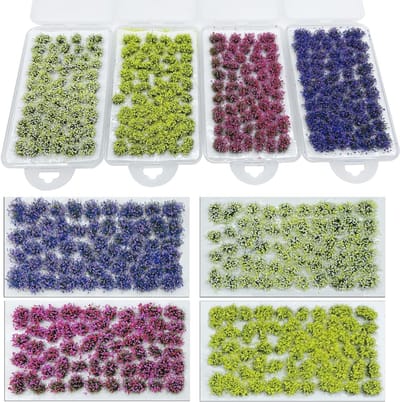4 Pack Miniature Kleurige Bloemclusters Zelfklevende Vegetatiegroepen voor Treinlandschap, Modelbouw en Landschapsontwerp