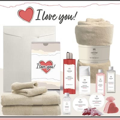 Geschenkset “I Love You!” - 13 producten - 2000 gram | Triomf Original - Giftset voor haar Cadeau Valentijnsdag Luxe Wellness Cadeaubox Vrouw Ik hou van jou Cadeaupakket Kerst Geschenk Pakket Moeder Verjaardag Gift Set Valentijn Vriendin Roze Crème