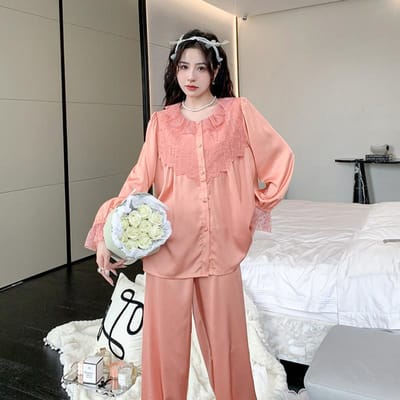 Dames Pyjama Set Zoete Kant Afwerking Nachtkleding Loungekleding Lente Zomer Satijnen Nachtkleding Broekpakken Losse Casual Huiskleding XL gray