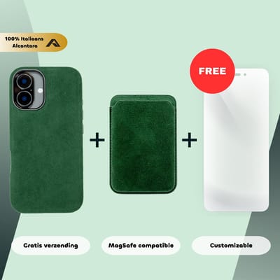 iPhone 16 Plus – Alcantara Case + MagSafe Wallet + Gratis Screenprotector | Emerald Green