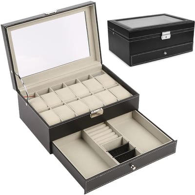 Sieradenopbergdoos 12 slots Horlogedoos Dubbele lagen Sieradendoos voor armbandketting en andere zwart