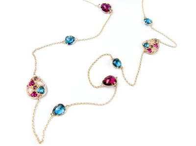 Zilveren collier halsketting geel goud verguld Model Golden Colors gezet met gekleurde stenen roos, blauw