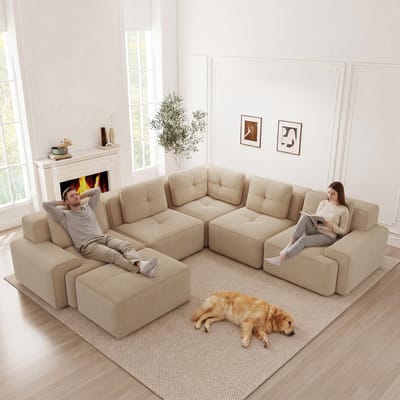 REDOM Hoekbank 4-zits Bank – Modulaire loungebank met diepe zit en zachte cord bekleding – Comfortabele sofa voor woonkamer – Beige – 382 x 104 x 69 cm