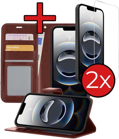 Hoesje - Met 2x Screenprotector - Geschikt voor Apple iPhone 16e / 17e - Luxe Pasjeshouder - Flip Case - Bookcase Portemonee - Kunstleer Book Case - Flipcase Hoes - Book Cover - Walletcase - Portemonneehoes - Telefoonhoes - Bruin