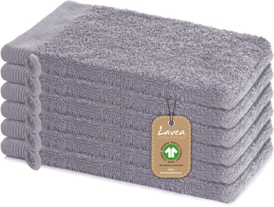 Lavea® 6 Washandjes 16 x 22 cm van 100% biologisch katoenen badstof, zacht en absorberend, voor thuis, hotel en spa – met ophanglus – Lichtgrijs