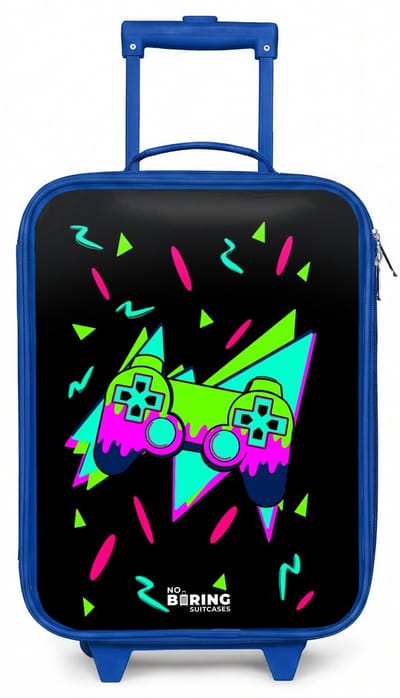 NoBoringSuitcases.com® - Kinderkoffer blauw - Kindertrolley jongen - Neon controller op zwart - Koffer kind lichtgewicht - Reiskoffer trolley voor kinderen - Koffertje met lichtgevende wieltjes - Rolkoffer