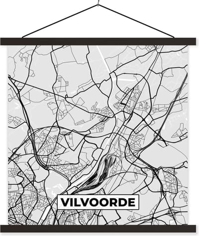 Posterhanger incl. Poster 60x60 cm - Schoolplaat - Zwart Wit – België – Plattegrond – Stadskaart – Kaart – Vilvoorde - Textielposter - Zwarte latten - Stadskaart