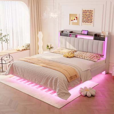 MODFU Bedframe 140x200 cm – Linnenlook met zwevend effect & opberghoofdbord – LED – Beige