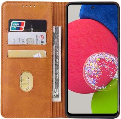 Smartphonica Samsung Galaxy A52s 5G leren hoesje met magnetische sluiting en pashouders – Bruin geschikt voor Samsung Galaxy A52s 5G