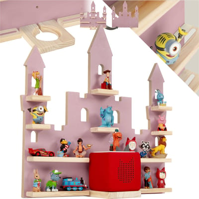 tectake® Wandrek MyLittleStory Fortress - Wandplank - Speelgoedkast - Speelgoedrek voor 28 Tonies - Toniebox figuren - Massief hout met metalen strips voor magnetische bevestiging - Letterbak Hout - Display - Kasteelvorm - Roze