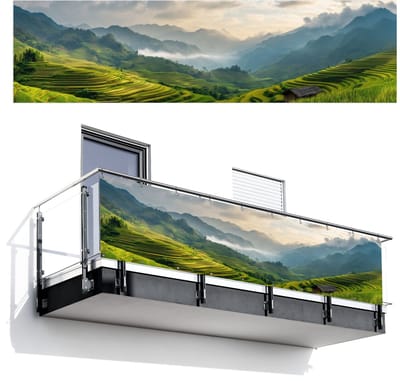 Balkonscherm 300x80 cm - Balkonposter Rijstvelden - Bergen - Groen - Natuur - Balkon scherm decoratie - Balkonschermen - Balkondoek zonnescherm