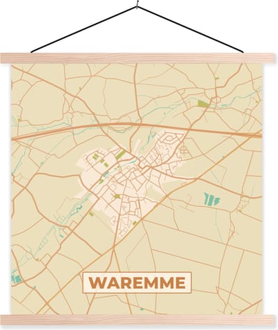 Posterhanger incl. Poster 40x40 cm - Schoolplaat - Plattegrond - Stadskaart - Waremme - Kaart - België - Textielposter - Blanke latten - Stadskaart