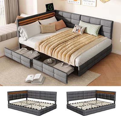 L-vormige slaapbank 140x190cm met 2 lades, dagbed, eenpersoonsbed, verstelbaar hoofdeinde, kinderbedframe, grijze linnen stof