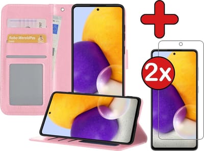 Hoesje - Met 2x Screenprotector - Geschikt voor Samsung Galaxy A72 5G - Luxe Pasjeshouder - Flip Case - Bookcase Portemonee - Kunstleer Book Case - Flipcase Hoes - Book Cover - Walletcase - Portemonneehoes - Telefoonhoes - Lichtroze