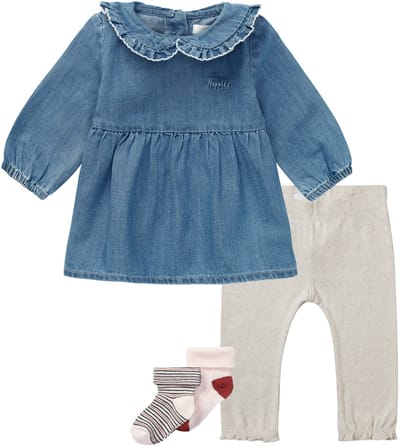 Noppies - Kledingset- 4 delig - Jurk Acariqua Medium Wash - Legging Varese oatmeal - 2 paar sokjes - Maat 80