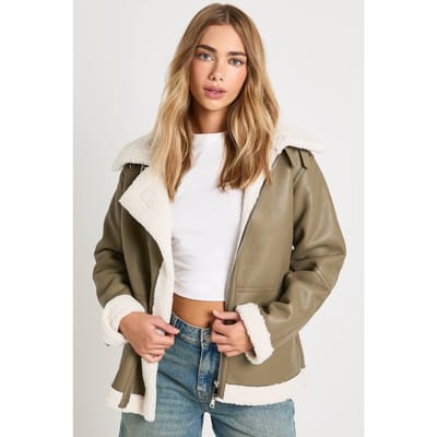 boohoo Dames Teddy Trim Gehechte Kunstleren Aviator Jas | Kaki | Maat: 36
