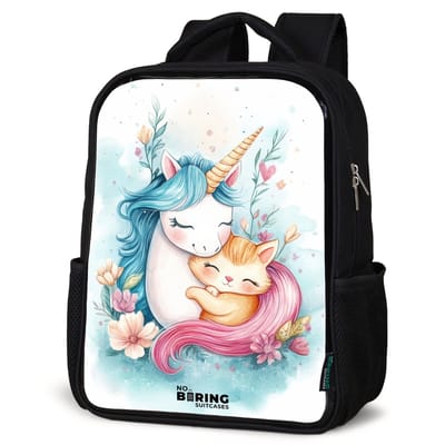 NoBoringSuitcases.com® - Rugzak zwart - Schooltas jongen & meisje - Eenhoorn met blauwe manen en oranje kitten - Rugtas voor school - Boekentas kind - Schoolrugzak - Kinderrugzak