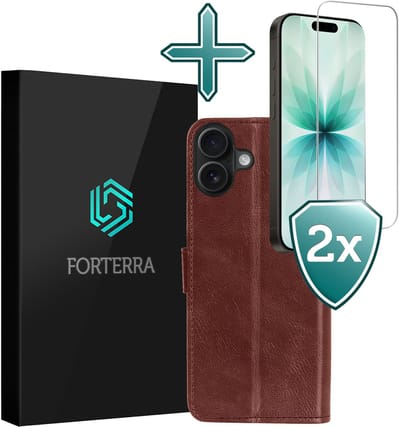 Hoesje Met 2x Screenprotector - Geschikt voor Apple iPhone 17 - Luxe Pasjeshouder - Flip Case - Bookcase Portemonee - Kunstleer Book Case - Flipcase Hoes - Book Cover - Walletcase - Portemonneehoes - Bruin