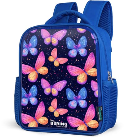 NoBoringSuitcases.com® - Rugzak blauw - Schooltas jongens - Kleurrijke vlinders in roze en blauw - Kinder rugtas jongen - Boekentas kind - Kinderrugzak voor school - Schoolrugzak