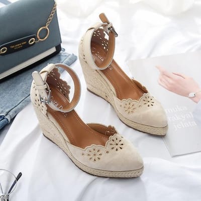 Dames Espadrilles Wedge Nieuwe Sandalen Rok Holle Enkele Schoenen Damesmode Puntige Hoge Hakken Dikke Zool Stro 35 beige