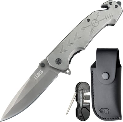 AdroitGoods Volledig RVS zakmes met grijs handvat, incl. hoes en slijptool - Premium Full-Steel Opvouwbaar Zakmes – 440-Grade RVS Snede, 3 mm Dikke Constructie & Massief Stalen Handgreep met Veiligheidsfuncties, Ideaal voor Outdoor en Kamperen
