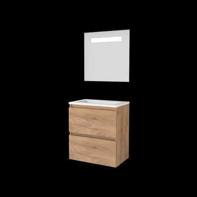 Basic-Line Economic 39 Badkamermeubelset - Ondiep - 60 x 39 cm - Greeploos - 2 Lades - Acryl Wastafel - Zonder Kraangat - Spiegel met LED Verlichting - Whisky Oak