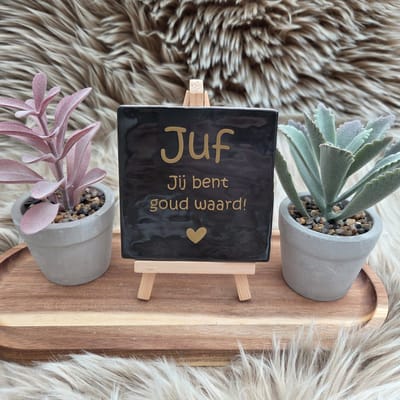 Robuust Wenstegeltje Juf jij bent goud waard! – Cadeau Juffendag – Afscheid Juf – Bedankje – Trendy – Woondecoratie – Cadeautje – Decoratief Tegeltje met Standaard – Cadeau Idee