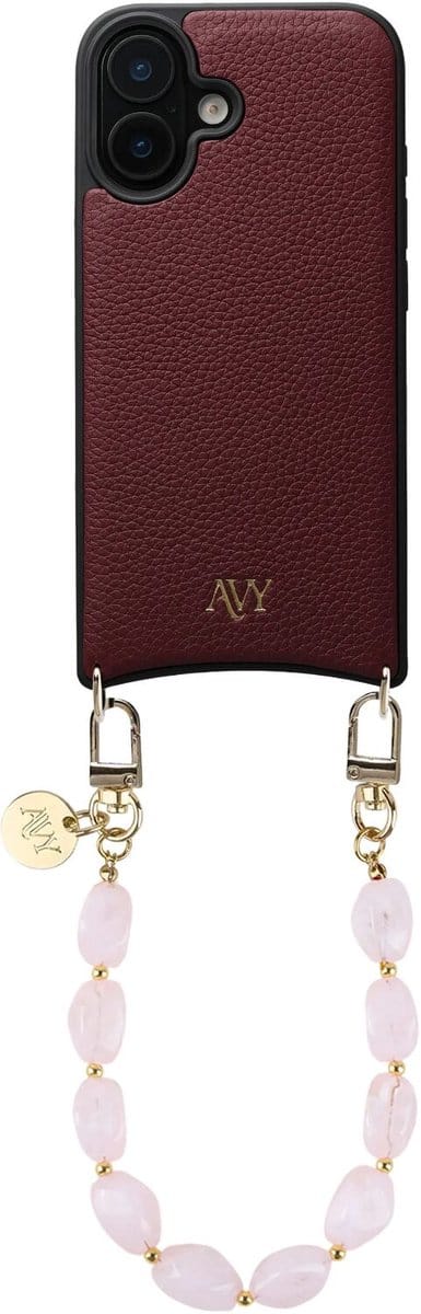 AVY Leren Hoesje Geschikt voor Apple iPhone 16 | Compatibel met MagSafe | Leather Case met Telefoonkoord | Polsbandje | Burgundy | Rocher Pink