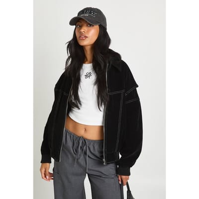 boohoo Dames Petite nep suede bomberjack met contrasterende stiksels | Zwart | Maat: 36