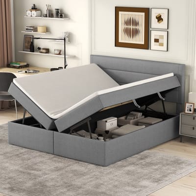 Bed 140x200 cm - Met Lattenbodem En Grote Opbergruimte - Dubbelzijdig Te Openen - Stof - Grijs