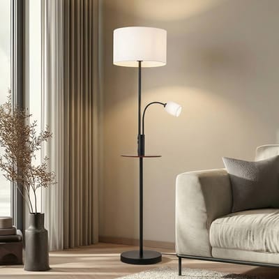 Lindby - vloerlamp - 1licht - IJzer, textiel, grenenhout - H: 170 cm - E27 - zwart, crèmewit, donker hout