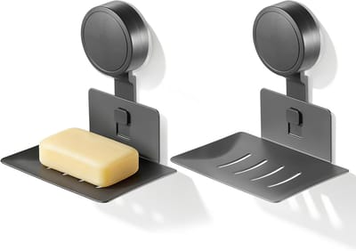 Set van 2 Zeepdispensers met Zuignap - Wandmontage Aluminium Zeep- en Sponshouder met Afvoer, Max 3 kg voor Douche, Badkamer, Gootsteen en Keuken, Zonder Boren (Grijs)