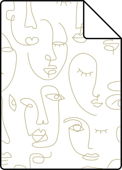 Proefstaal ESTAhome behang line art gezichten wit en glanzend goud - 26.5 x 21 cm - 139146-S