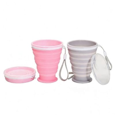 Oneay Opvouwbare Siliconen Bekers Set 2 Stuks – 300 ml Draagbare Reisbekers met Deksel – Herbruikbare Camping en Outdoor Drinkbekers – Roze en Grijs