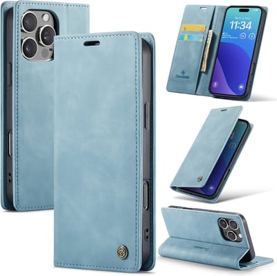 Casemania Hoesje Geschikt voor Apple iPhone 16 Pro Max - Aqua Blue - Dunne Portemonnee Book Case - Slim Wallet Case met Pasjeshouder