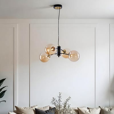 LumenXL LumenXL - Hanglamp Firenze - Amber glas - 4-lichts - Zwart - Goud