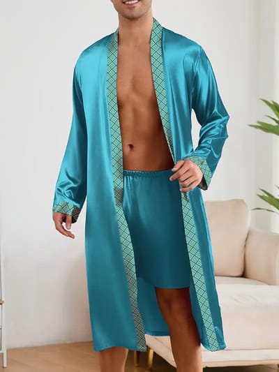 Ochtendjas-Badjas-Heren-Satijn-Blauw-Kwaliteit-Mooi-Goedkoop-Short groen