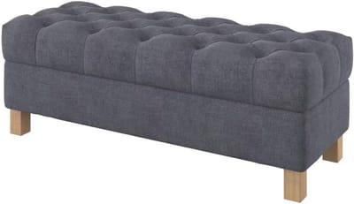 Zitbank met opbergruimte en ruitjessteek | 120 cm | Waterafstotende Softi Grey stof | Zwart houten frame
