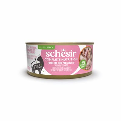 Voordeelpakket: 24x140g Schesir Complete Nutrition in gelei tonijn met ham natvoer voor katten