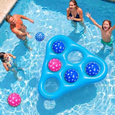 Zwembad Spelletjesset - Tic Tac Toe Drijvend Spel & Opblaasbare Drijvers - met 6 Ballen & Luchtpomp - Omkeerbaar Tweekleurig - voor Waterfeest - voor Volwassenen - Blauw (Driehoek) - 1 Set