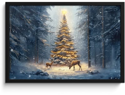 Poster in lijst - Fotolijst 60x40 cm - Posters - Kerstlicht - Woud - Hert - Donker - Posterlijst zwart - Decoratie - Wanddecoratie woonkamer - Muurdecoratie slaapkamer - Kerstversiering - Kerstdecoratie voor binnen - Kerstmis